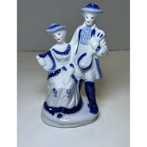 Vintage Victorian/Colonial Porcelain Couple Playing Music Figurine White/Blue